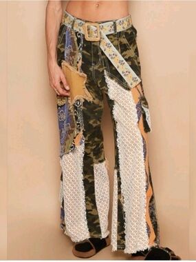 POL Twill Patchwork Crochet Detail Camo Jeans